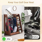 Organisateur et support de rangement pour sacs de golf en bois, support de rangement pour 2 sacs de golf avec roues, pour garage, adapté pour le club de golf à domicile, marron