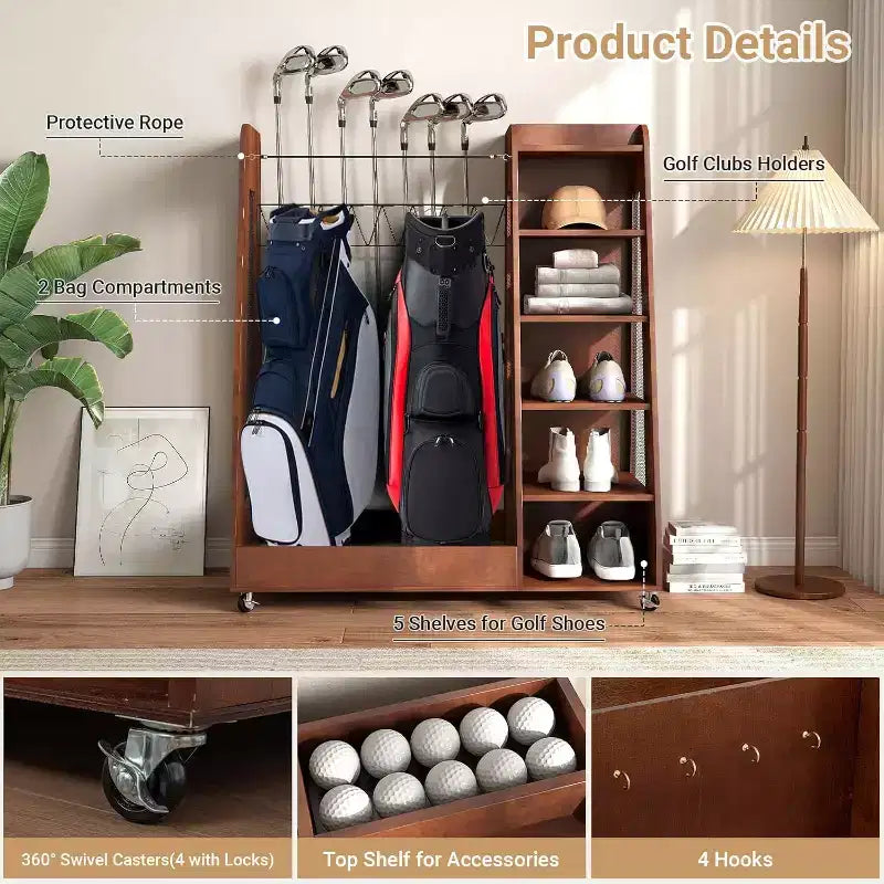 Organisateur et support de rangement pour sacs de golf en bois, support de rangement pour 2 sacs de golf avec roues, pour garage, adapté pour le club de golf à domicile, marron