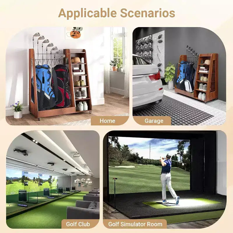 Organisateur et support de rangement pour sacs de golf en bois, support de rangement pour 2 sacs de golf avec roues, pour garage, adapté pour le club de golf à domicile, marron
