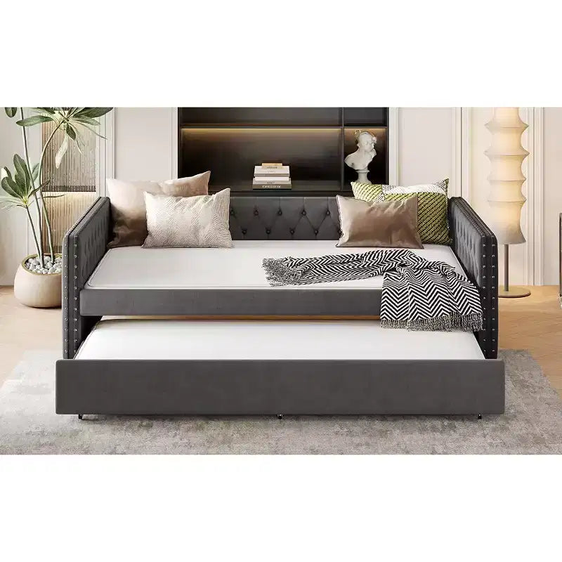 Bellemave Lit de jour double avec lit gigogne, canapé-lit double, lit de repos avec lit gigogne pour adultes, enfants, filles, adolescents, gris