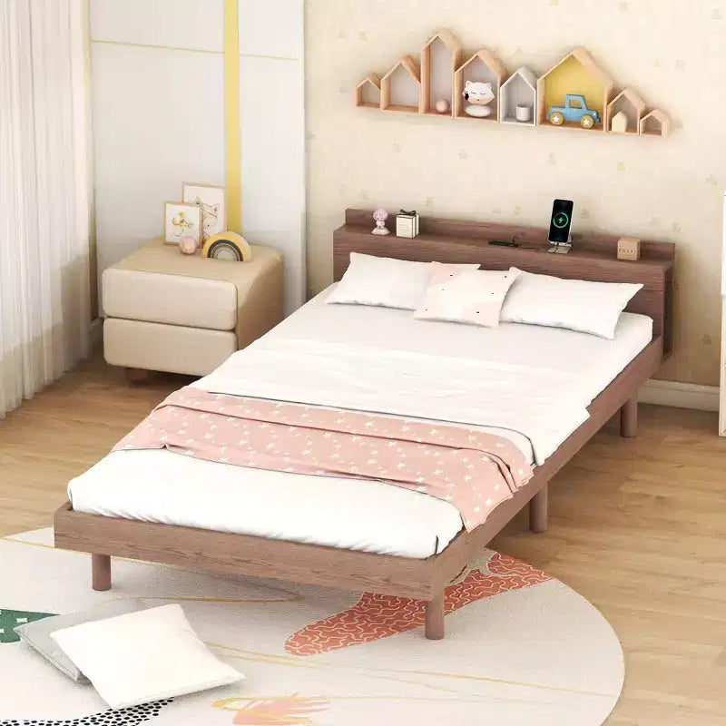 Bellemave Modern Design Twin Size Platform Bed Frame with Built-in USB port for Walnut Color