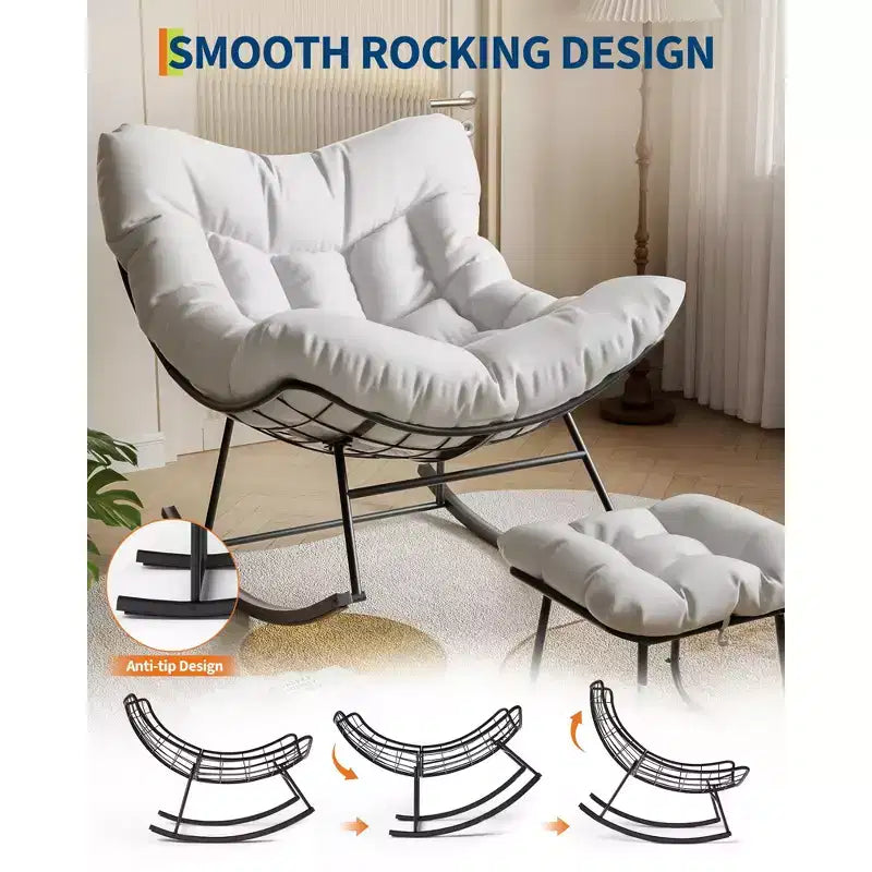 Chaise longue avec repose-pieds, fauteuil à bascule intérieur/extérieur avec pouf et cadre en métal, fauteuil à bascule en rotin en forme d'œuf pour balcon, jardin, porche, chambre à coucher