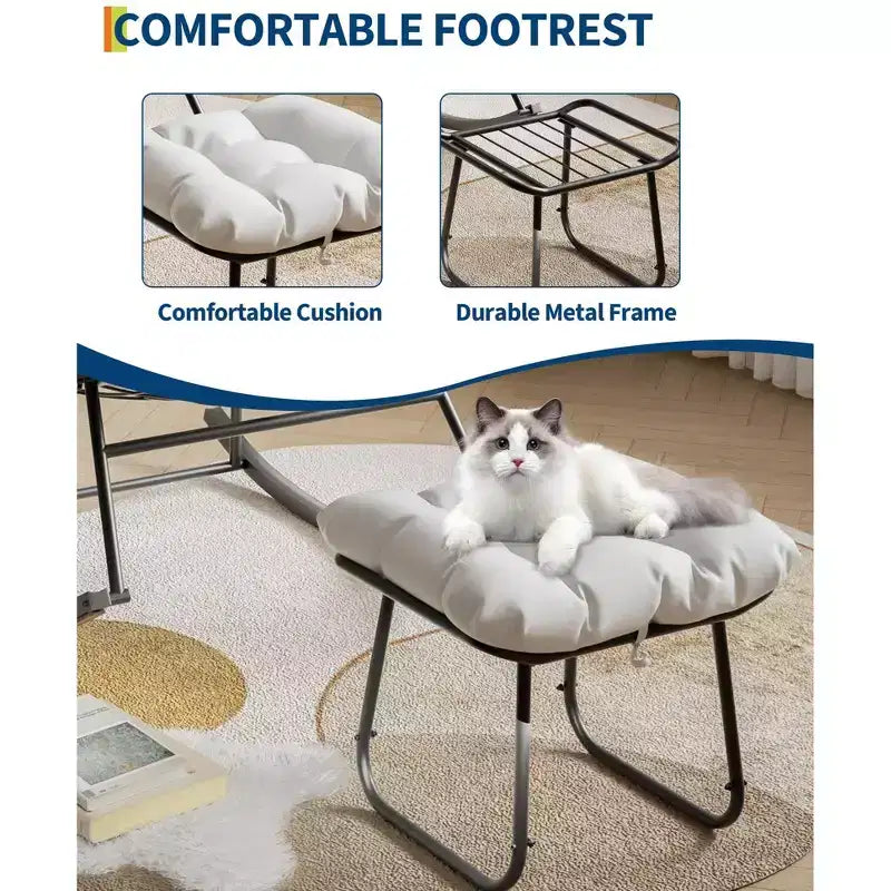 Chaise longue avec repose-pieds, fauteuil à bascule intérieur/extérieur avec pouf et cadre en métal, fauteuil à bascule en rotin en forme d'œuf pour balcon, jardin, porche, chambre à coucher