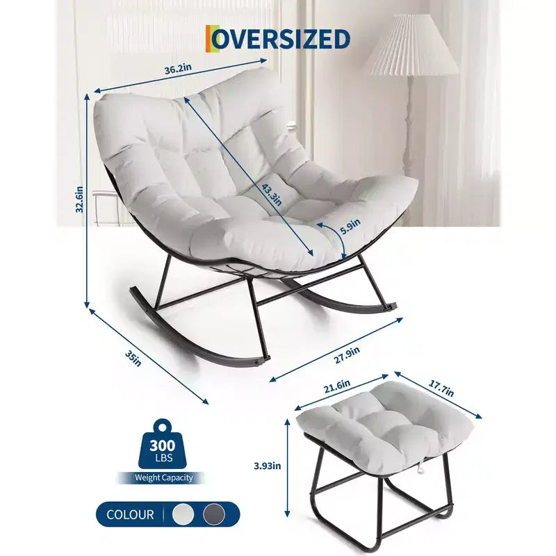 Chaise longue avec repose-pieds, fauteuil à bascule intérieur/extérieur avec pouf et cadre en métal, fauteuil à bascule en rotin en forme d'œuf pour balcon, jardin, porche, chambre à coucher
