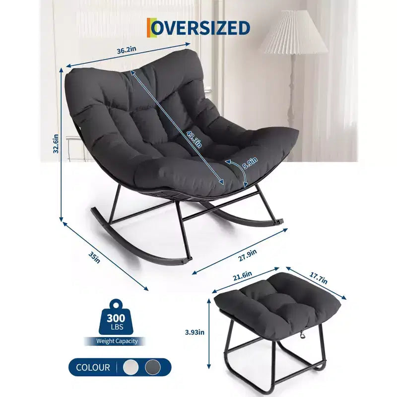 Chaise longue avec repose-pieds, fauteuil à bascule intérieur/extérieur avec pouf et cadre en métal, fauteuil à bascule en rotin en forme d'œuf pour balcon, jardin, porche, chambre à coucher