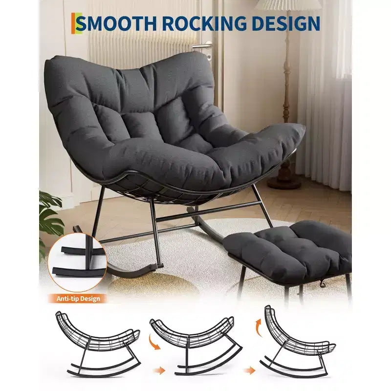 Chaise longue avec repose-pieds, fauteuil à bascule intérieur/extérieur avec pouf et cadre en métal, fauteuil à bascule en rotin en forme d'œuf pour balcon, jardin, porche, chambre à coucher