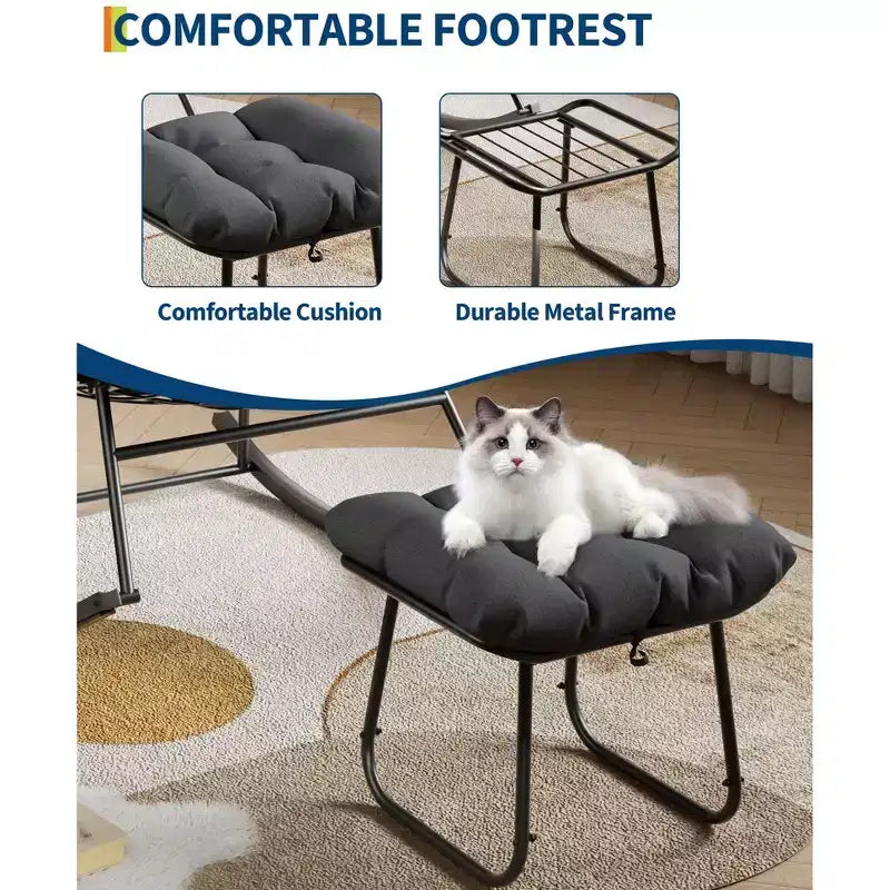 Chaise longue avec repose-pieds, fauteuil à bascule intérieur/extérieur avec pouf et cadre en métal, fauteuil à bascule en rotin en forme d'œuf pour balcon, jardin, porche, chambre à coucher