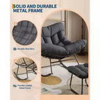 Chaise longue avec repose-pieds, fauteuil à bascule intérieur/extérieur avec pouf et cadre en métal, fauteuil à bascule en rotin en forme d'œuf pour balcon, jardin, porche, chambre à coucher