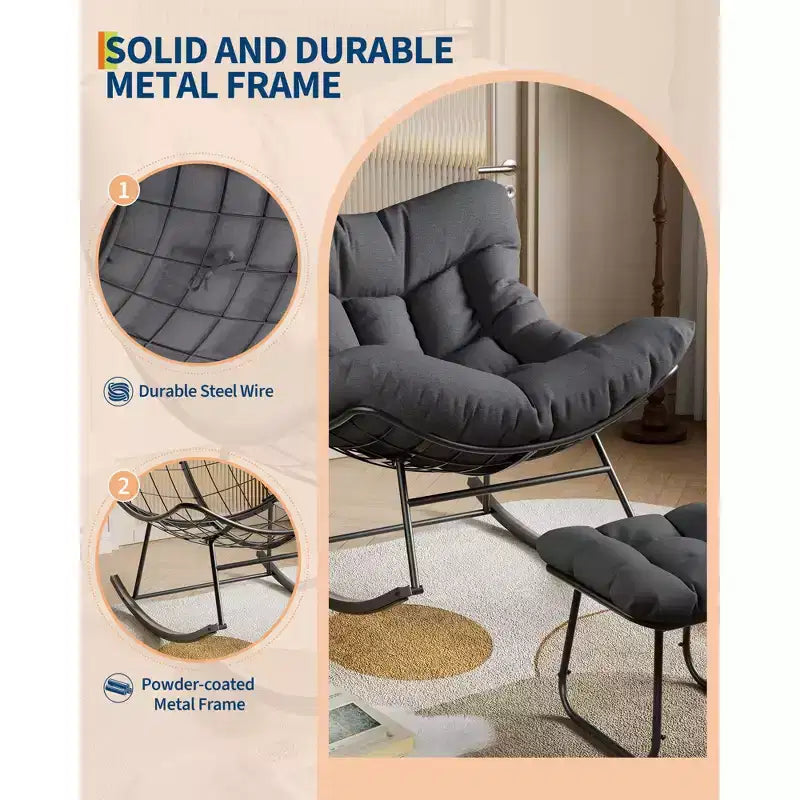 Chaise longue avec repose-pieds, fauteuil à bascule intérieur/extérieur avec pouf et cadre en métal, fauteuil à bascule en rotin en forme d'œuf pour balcon, jardin, porche, chambre à coucher