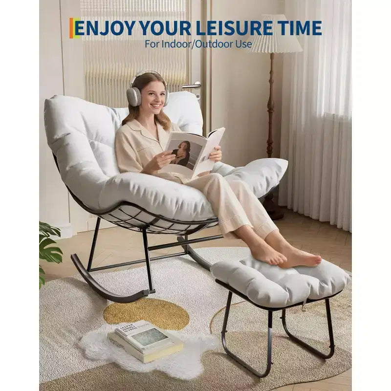 Chaise longue avec repose-pieds, fauteuil à bascule intérieur/extérieur avec pouf et cadre en métal, fauteuil à bascule en rotin en forme d'œuf pour balcon, jardin, porche, chambre à coucher