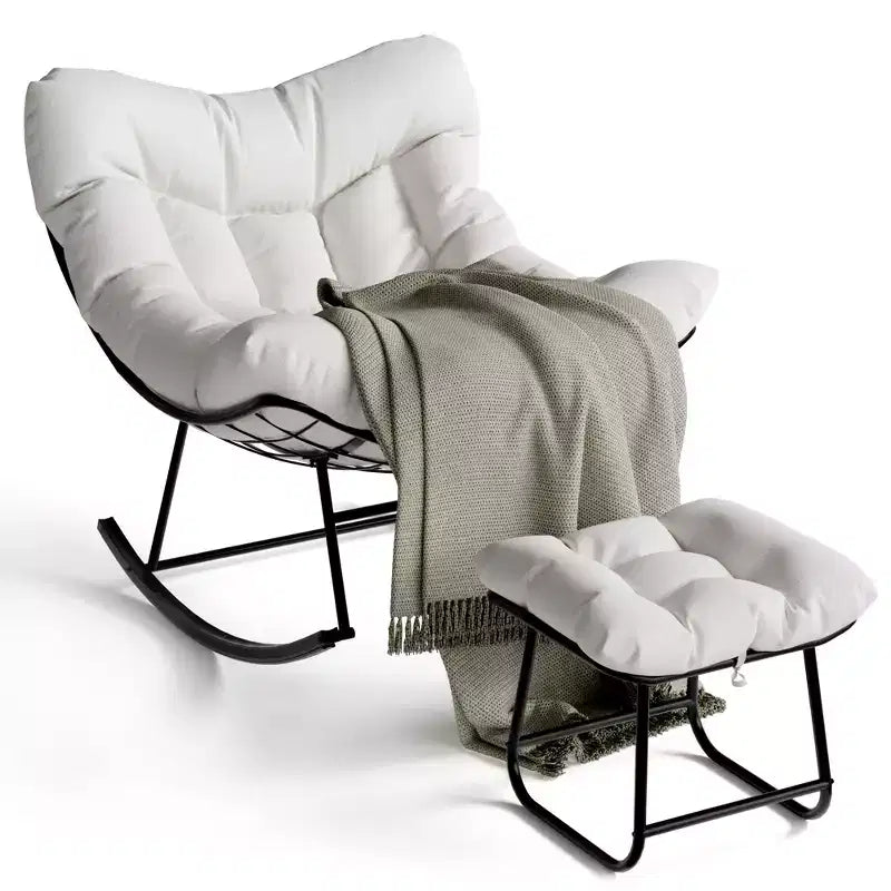 Chaise longue avec repose-pieds, fauteuil à bascule intérieur/extérieur avec pouf et cadre en métal, fauteuil à bascule en rotin en forme d'œuf pour balcon, jardin, porche, chambre à coucher