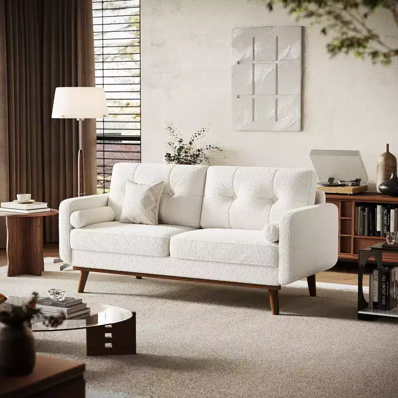 Canapé Causeuse 65, Canapé Mid-Century Moderne Confortable pour Salon, Canapés Revêtus de Lin pour Petite Chambre, Crème Beige