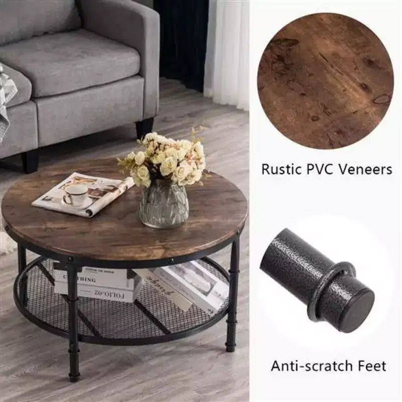 Table basse à cadre en fer thermolaqué noir avec motif argenté, panneau en bois brûlé rond à double couche de 81 cm en PVC