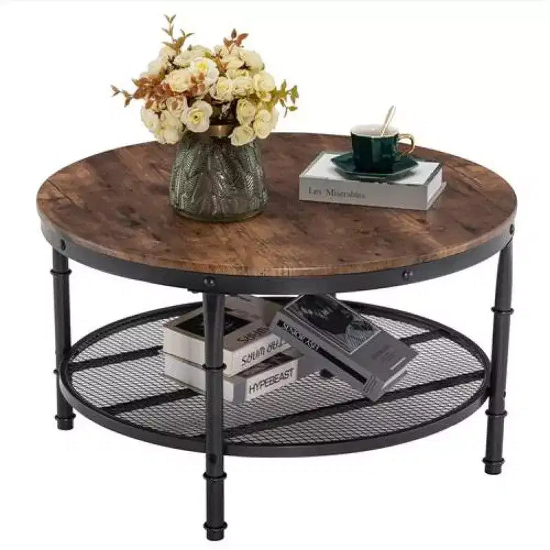 Table basse à cadre en fer thermolaqué noir avec motif argenté, panneau en bois brûlé rond à double couche de 81 cm en PVC
