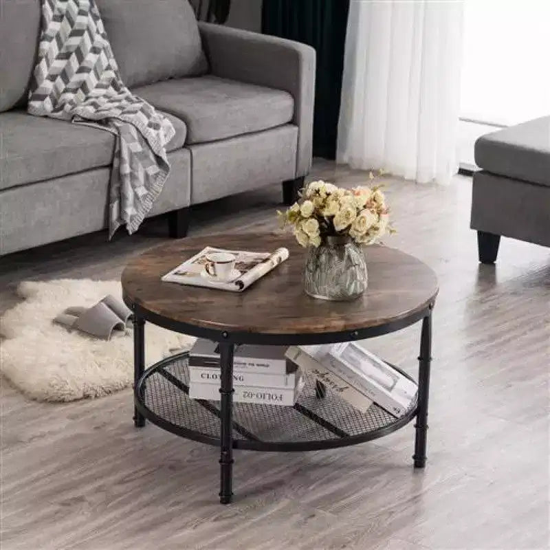 Table basse à cadre en fer thermolaqué noir avec motif argenté, panneau en bois brûlé rond à double couche de 81 cm en PVC