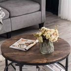 Table basse à cadre en fer thermolaqué noir avec motif argenté, panneau en bois brûlé rond à double couche de 81 cm en PVC