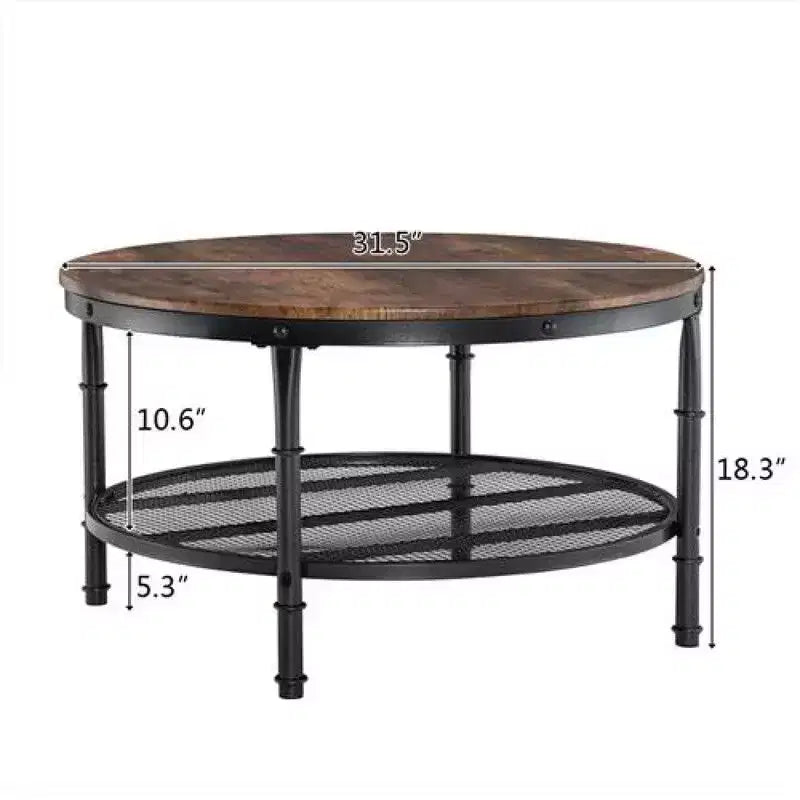 Table basse à cadre en fer thermolaqué noir avec motif argenté, panneau en bois brûlé rond à double couche de 81 cm en PVC