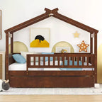 Lit cabane Bellemave une place avec lit gigogne, lit de style Montessori avec garde-corps pour enfants, garçons, filles, marron