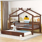 Lit cabane Bellemave une place avec lit gigogne, lit de style Montessori avec garde-corps pour enfants, garçons, filles, marron