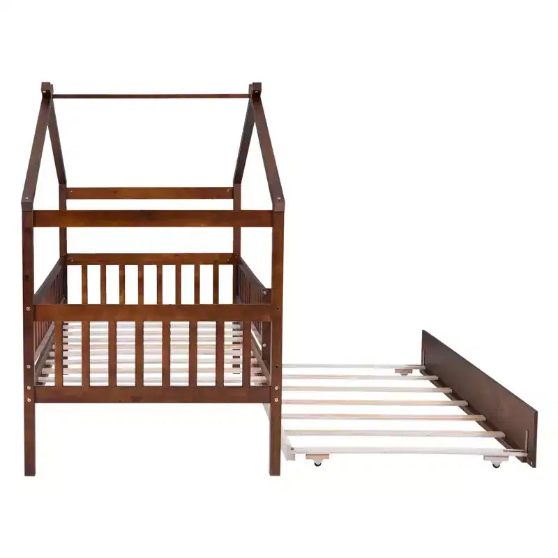 Lit cabane Bellemave une place avec lit gigogne, lit de style Montessori avec garde-corps pour enfants, garçons, filles, marron