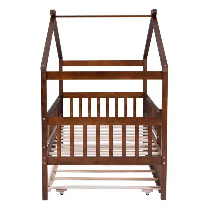 Lit cabane Bellemave une place avec lit gigogne, lit de style Montessori avec garde-corps pour enfants, garçons, filles, marron