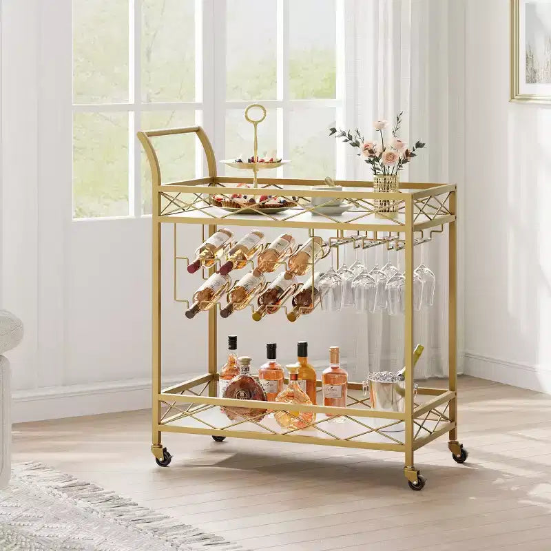 Chariots de bar CuisinSmart à 2 niveaux, chariots de service de cuisine mobiles avec porte-bouteilles et porte-verres, chariots de service à 2 étagères de rangement