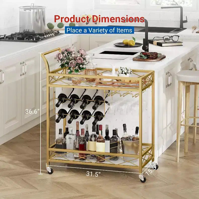 Chariots de bar CuisinSmart à 2 niveaux, chariots de service de cuisine mobiles avec porte-bouteilles et porte-verres, chariots de service à 2 étagères de rangement