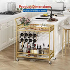 Chariots de bar CuisinSmart à 2 niveaux, chariots de service de cuisine mobiles avec porte-bouteilles et porte-verres, chariots de service à 2 étagères de rangement