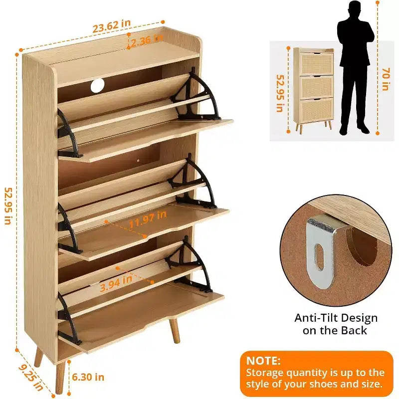 Meuble à chaussures COZONY avec tiroirs à abattant et rotin tressé, Organisateur de rangement étroit à 3 niveaux, Banc d'entrée peu encombrant pour couloir ou porche