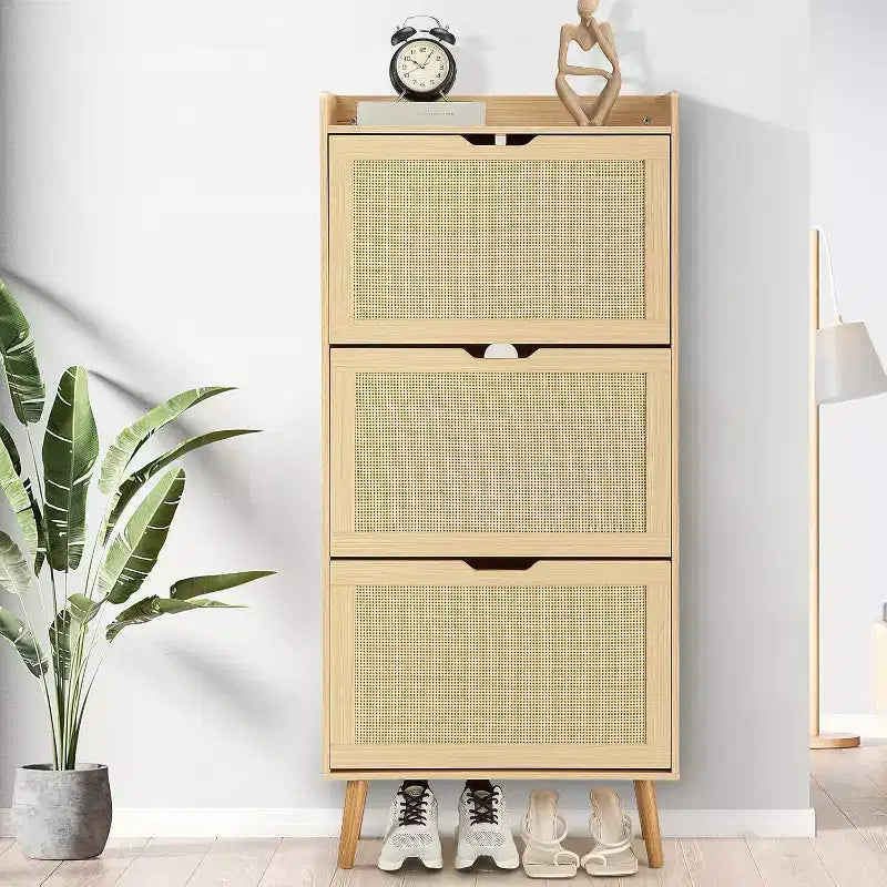 Meuble à chaussures COZONY avec tiroirs à abattant et rotin tressé, Organisateur de rangement étroit à 3 niveaux, Banc d'entrée peu encombrant pour couloir ou porche