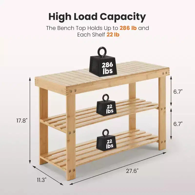 MAYEERTY Meuble à chaussures en bambou 3 niveaux avec banc, rangement compact, capacité de 130 kg