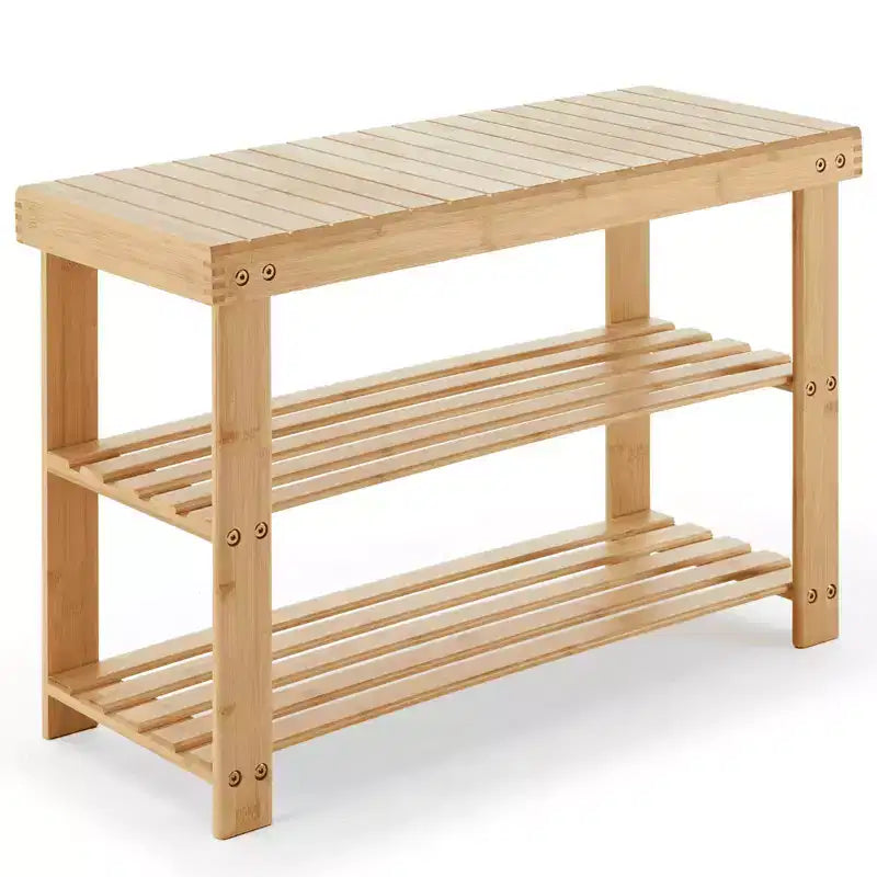 MAYEERTY Meuble à chaussures en bambou 3 niveaux avec banc, rangement compact, capacité de 130 kg