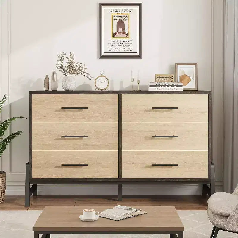 Commode large COZONY à 6 tiroirs, grande armoire de rangement en bois, organisateur de placard autoportant pour chambre, salon, entrée