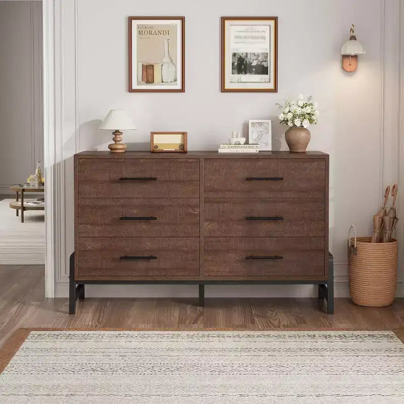 Commode large COZONY à 6 tiroirs, grande armoire de rangement en bois, organisateur de placard autoportant pour chambre, salon, entrée