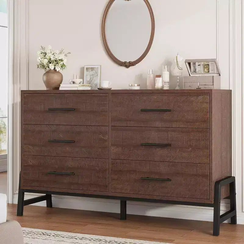 Commode large COZONY à 6 tiroirs, grande armoire de rangement en bois, organisateur de placard autoportant pour chambre, salon, entrée