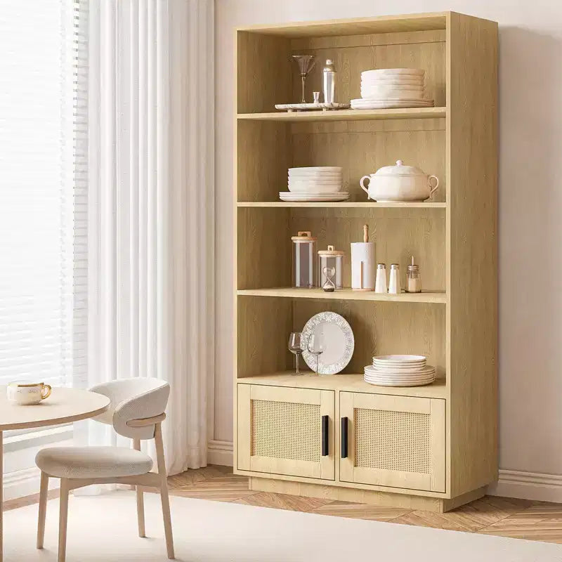 Étagère CuisinSmart à 5 niveaux en rotin avec armoire de rangement et porte, bibliothèque industrielle haute avec étagères ouvertes pour salon et chambre