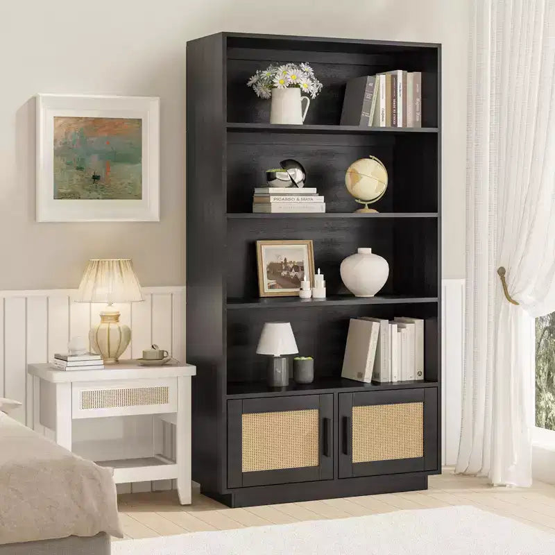 Étagère CuisinSmart à 5 niveaux en rotin avec armoire de rangement et porte, bibliothèque industrielle haute avec étagères ouvertes pour salon et chambre