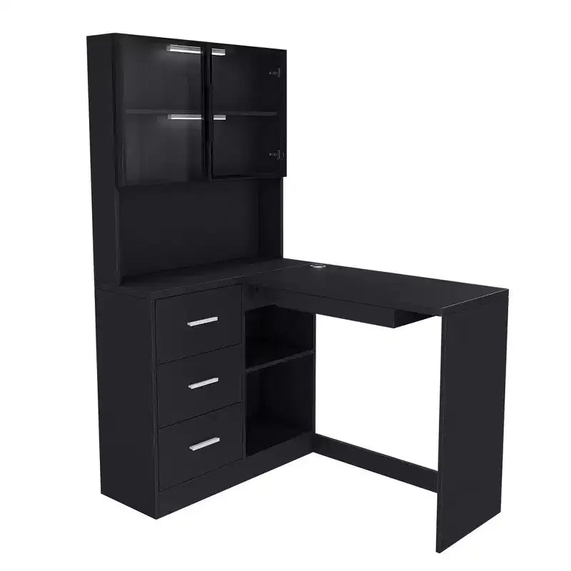 Homy Casa Bureau d'angle avec huche à porte vitrée et tiroirs de rangement pour petit espace, bureau à domicile, cadeau de vacances, noir