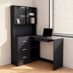 Homy Casa Bureau d'angle avec huche à porte vitrée et tiroirs de rangement pour petit espace, bureau à domicile, cadeau de vacances, noir