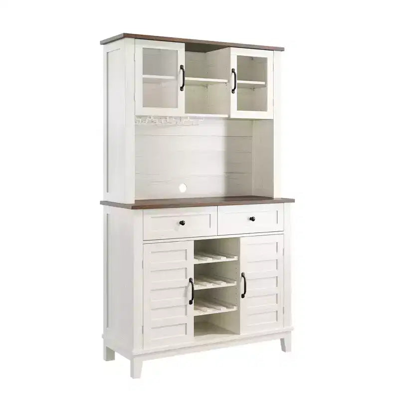 Coffee Bar Cabinet, 72 Farmhouse Coffee bar Table with 4 Doors and 2 Drawers & Wine Glass Rack, Storage Shelves, Kitchen Storage Cabinet, White