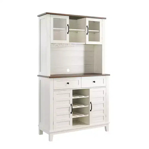 Coffee Bar Cabinet, 72 Farmhouse Coffee bar Table with 4 Doors and 2 Drawers & Wine Glass Rack, Storage Shelves, Kitchen Storage Cabinet, White