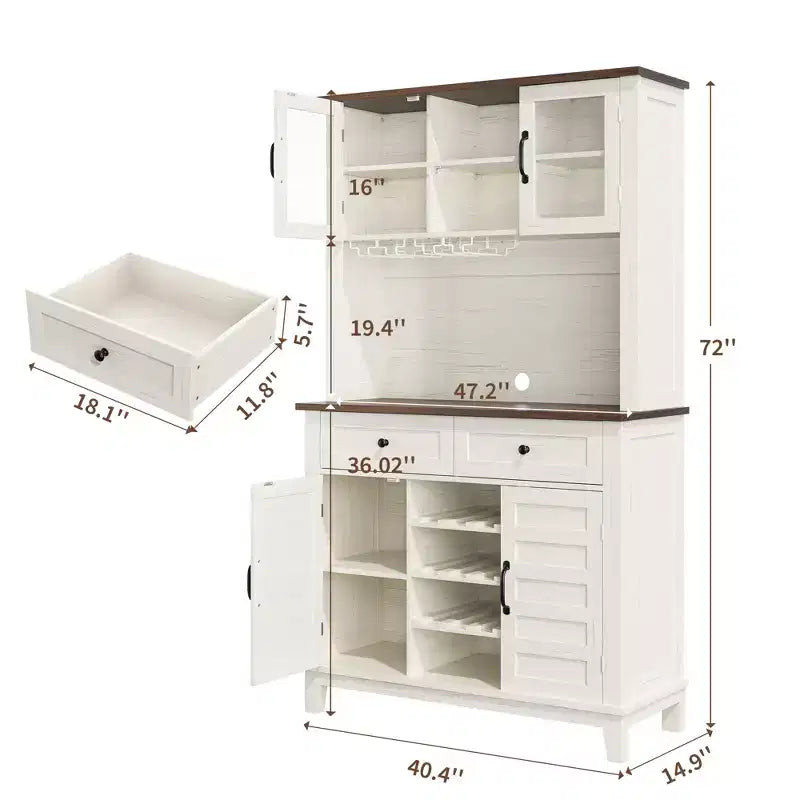 Meuble de bar à café de ferme de 183 cm avec 4 portes, 2 tiroirs, casier à verres à vin et étagères de rangement, blanc