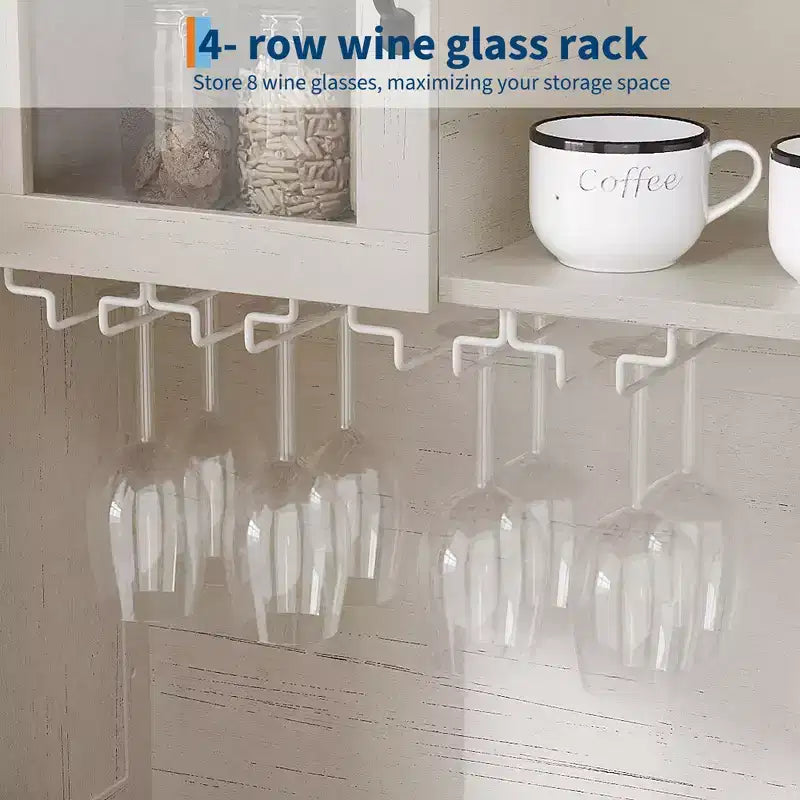 Meuble de bar à café de ferme de 183 cm avec 4 portes, 2 tiroirs, casier à verres à vin et étagères de rangement, blanc