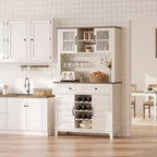 Meuble de bar à café de ferme de 183 cm avec 4 portes, 2 tiroirs, casier à verres à vin et étagères de rangement, blanc