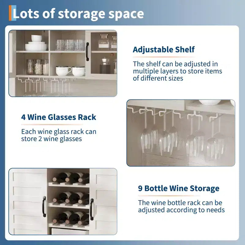 Meuble de bar à café de ferme de 183 cm avec 4 portes, 2 tiroirs, casier à verres à vin et étagères de rangement, blanc