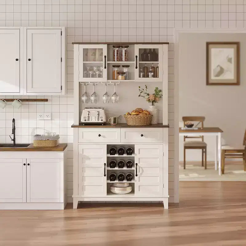 Meuble de bar à café de ferme de 183 cm avec 4 portes, 2 tiroirs, casier à verres à vin et étagères de rangement, blanc