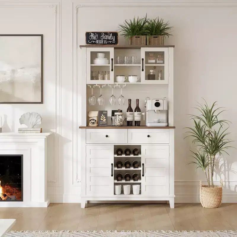 Meuble de bar à café de ferme de 183 cm avec 4 portes, 2 tiroirs, casier à verres à vin et étagères de rangement, blanc