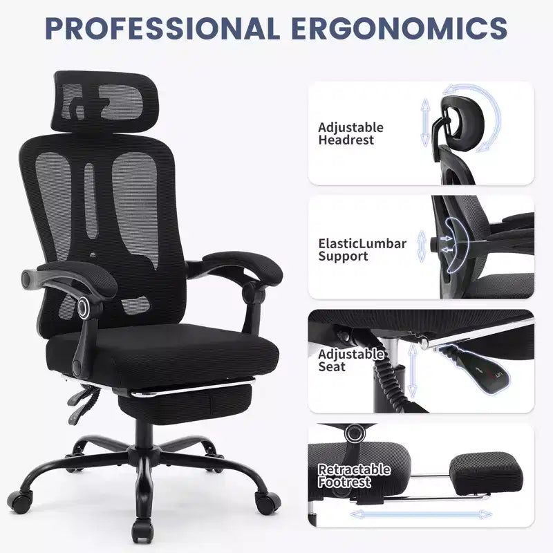 Chaise de bureau pivotante à dossier haut en maille, avec support lombaire confortable et accoudoirs rembourrés, idéale pour la maison, la chambre et le bureau.