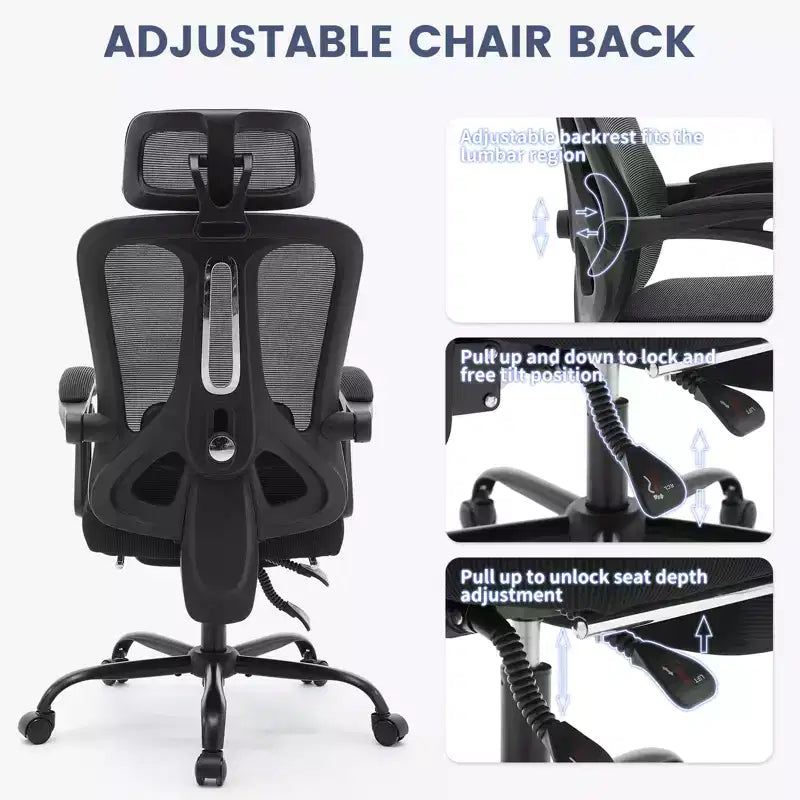 Chaise de bureau pivotante à dossier haut en maille, avec support lombaire confortable et accoudoirs rembourrés, idéale pour la maison, la chambre et le bureau.