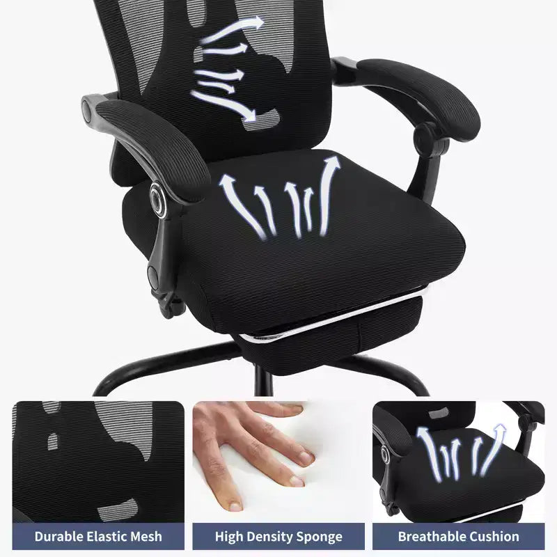 Chaise de bureau pivotante à dossier haut en maille, avec support lombaire confortable et accoudoirs rembourrés, idéale pour la maison, la chambre et le bureau.